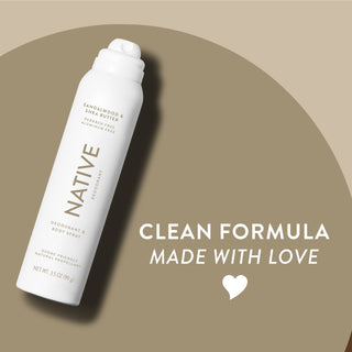 Native Sandalwood & Shea Butter Deodorant spray with text promoting clean formula