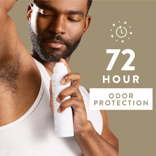 Person applying Native deodorant spray under arm with text reading 72-hour odor protection